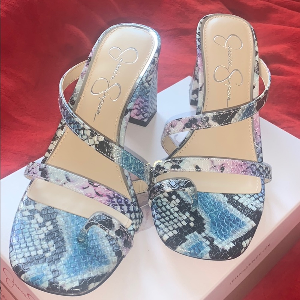 Faux Snake Skin Block Heel Sandals